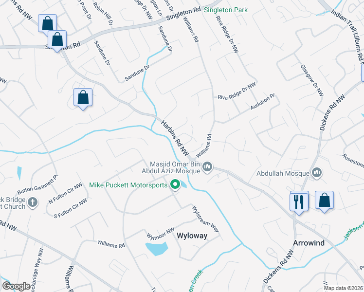 map of restaurants, bars, coffee shops, grocery stores, and more near 101 Twin Springs Trail in Norcross