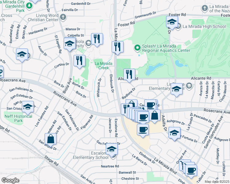 map of restaurants, bars, coffee shops, grocery stores, and more near 14202 Elmbrook Drive in La Mirada