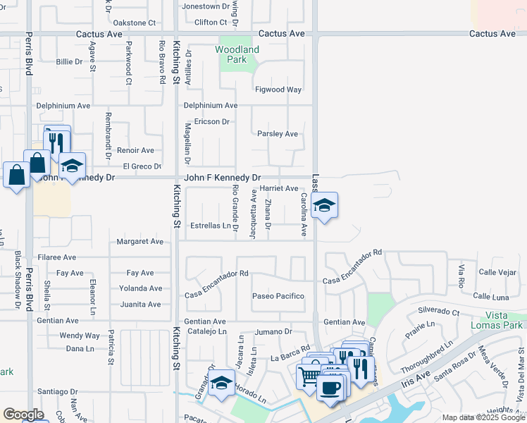 map of restaurants, bars, coffee shops, grocery stores, and more near 15119 Zhana Drive in Moreno Valley