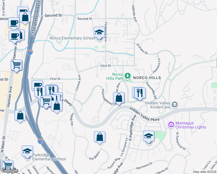 map of restaurants, bars, coffee shops, grocery stores, and more near 1333 Abilene in Norco