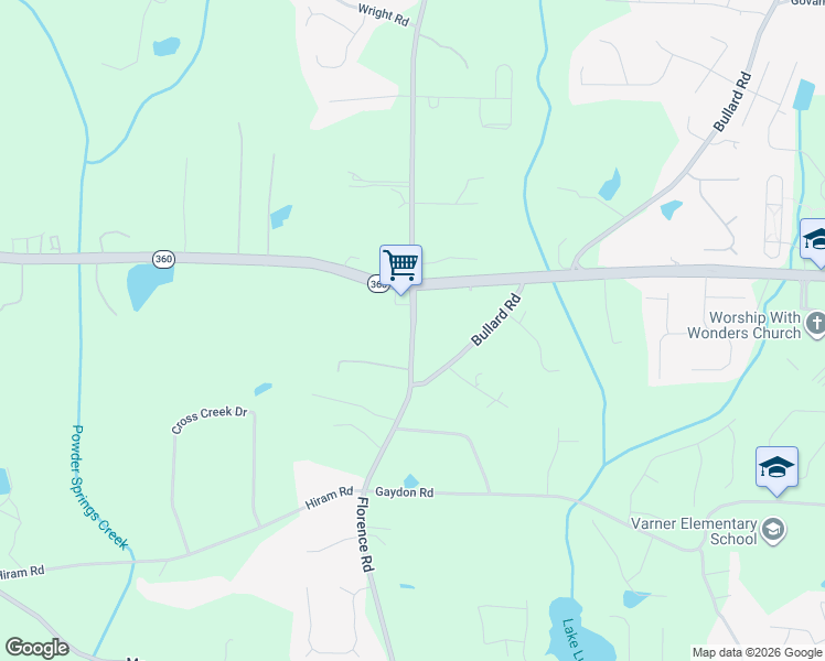 map of restaurants, bars, coffee shops, grocery stores, and more near 2161 Florence Road in Powder Springs