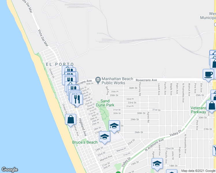 map of restaurants, bars, coffee shops, grocery stores, and more near 555 36th Street in Manhattan Beach