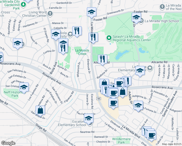 map of restaurants, bars, coffee shops, grocery stores, and more near 14202 Elmbrook Drive in La Mirada