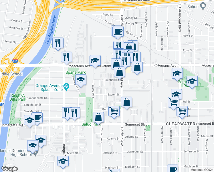 map of restaurants, bars, coffee shops, grocery stores, and more near 7246 Richfield Street in Paramount