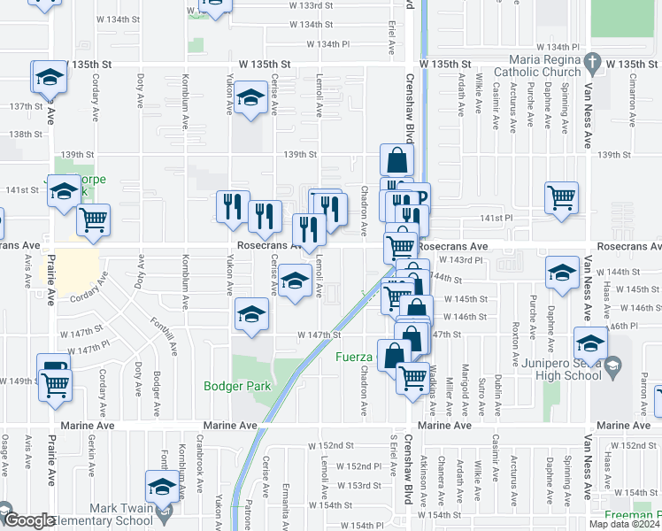 map of restaurants, bars, coffee shops, grocery stores, and more near 14314 Lemoli Avenue in Hawthorne