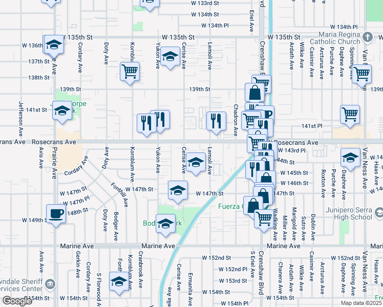map of restaurants, bars, coffee shops, grocery stores, and more near 3334 Rosecrans Avenue in Hawthorne