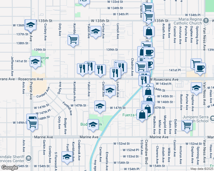map of restaurants, bars, coffee shops, grocery stores, and more near 3334 Rosecrans Avenue in Hawthorne