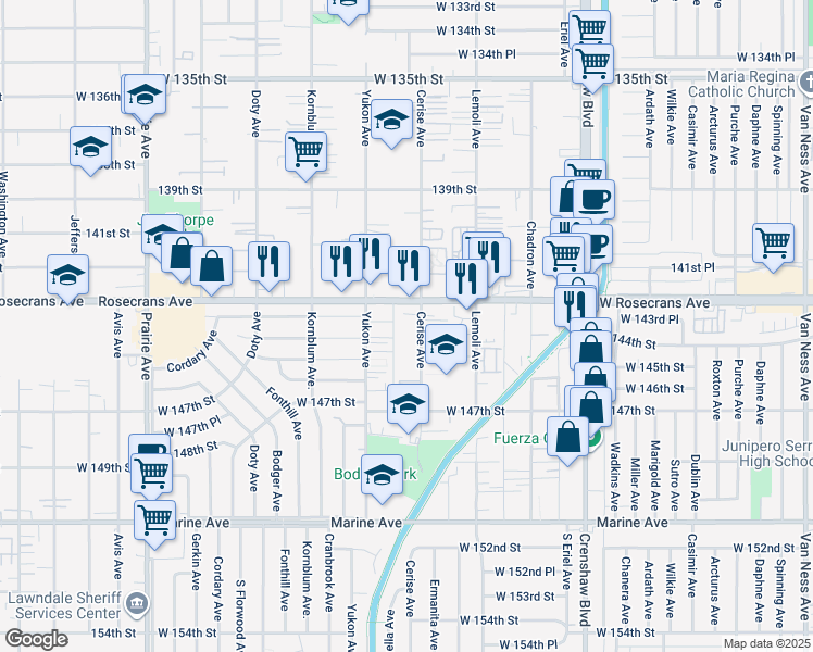 map of restaurants, bars, coffee shops, grocery stores, and more near 3506 Rosecrans Avenue in Hawthorne