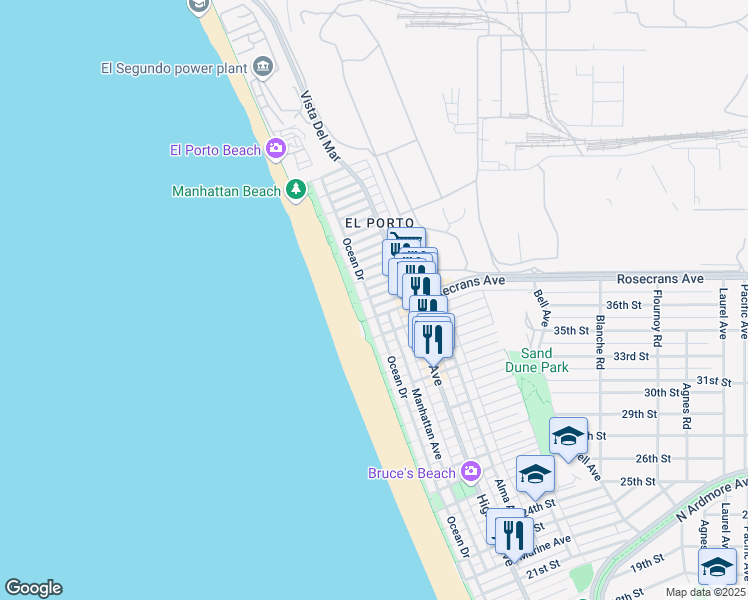 map of restaurants, bars, coffee shops, grocery stores, and more near 205 38th Street in Manhattan Beach