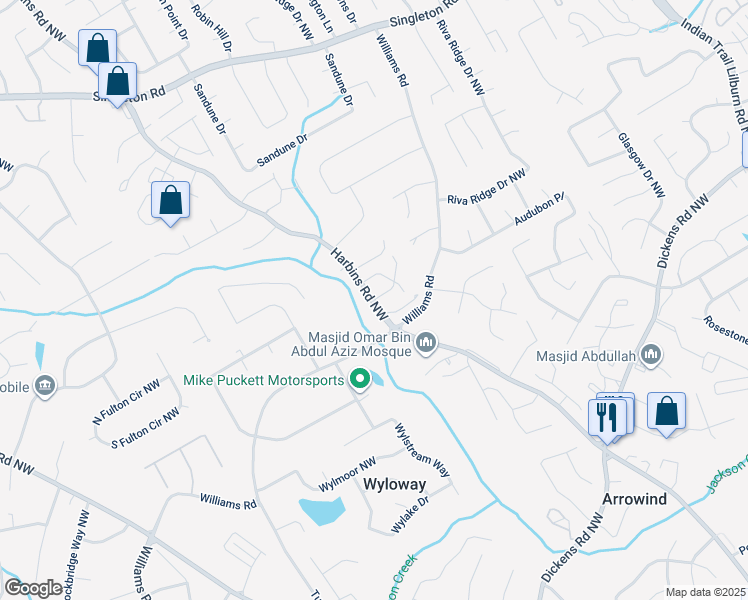 map of restaurants, bars, coffee shops, grocery stores, and more near 1012 Harbins Road Northwest in Norcross