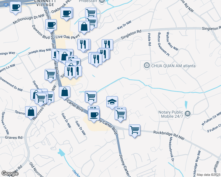 map of restaurants, bars, coffee shops, grocery stores, and more near 6068 Tracy Valley Drive Northwest in Norcross