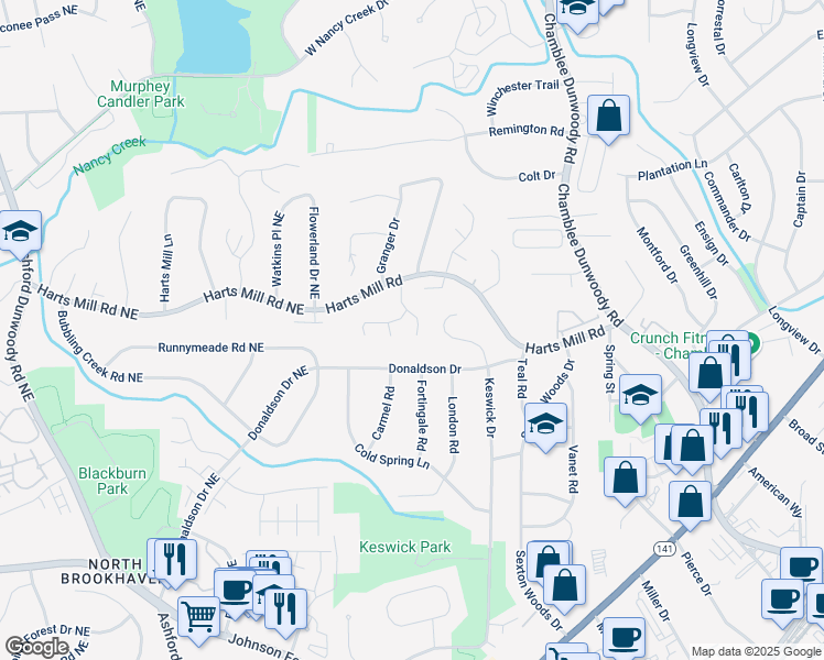 map of restaurants, bars, coffee shops, grocery stores, and more near 3720 Harts Place in Chamblee