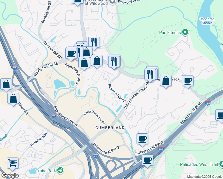 map of restaurants, bars, coffee shops, grocery stores, and more near 1000 Parkwood Circle Southeast in Atlanta