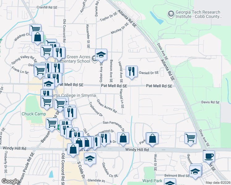 map of restaurants, bars, coffee shops, grocery stores, and more near 702 Pat Mell Road Southeast in Smyrna