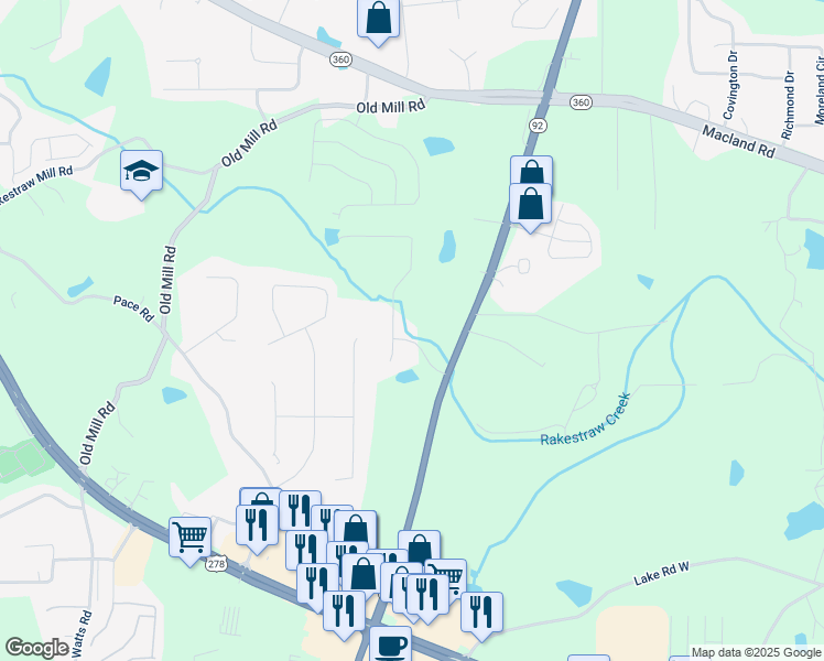 map of restaurants, bars, coffee shops, grocery stores, and more near 140 Indian Lake Drive in Hiram