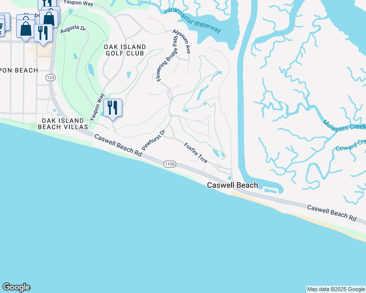 map of restaurants, bars, coffee shops, grocery stores, and more near 25 Bunker Court in Caswell Beach