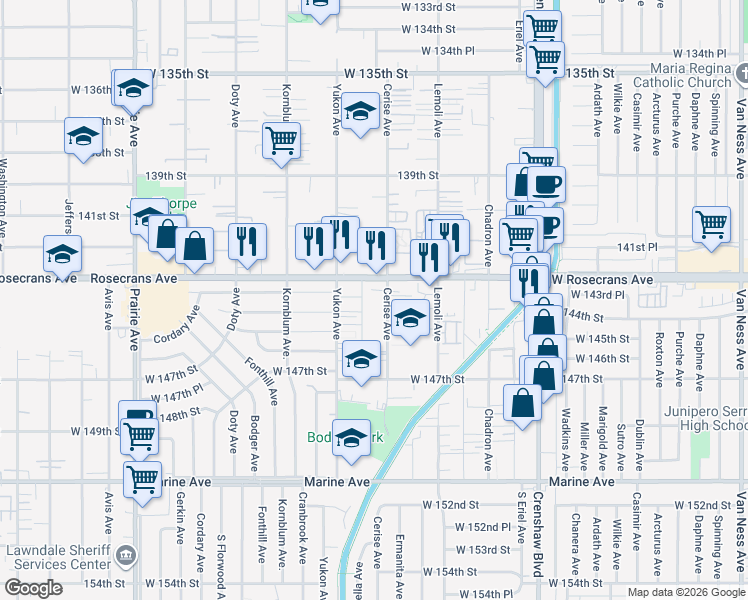 map of restaurants, bars, coffee shops, grocery stores, and more near 3506 Rosecrans Avenue in Hawthorne