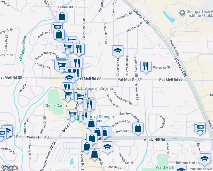 map of restaurants, bars, coffee shops, grocery stores, and more near 552 Pat Mell Road Southeast in Smyrna
