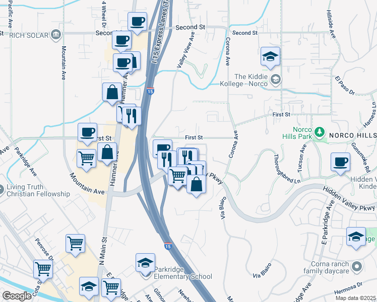 map of restaurants, bars, coffee shops, grocery stores, and more near 523 Calderone Drive in Corona