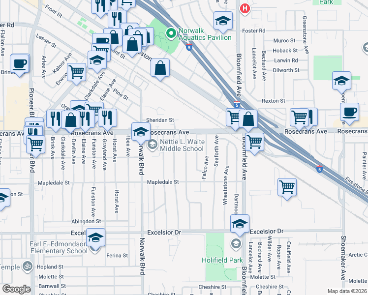 map of restaurants, bars, coffee shops, grocery stores, and more near 14333 Helwig Avenue in Norwalk