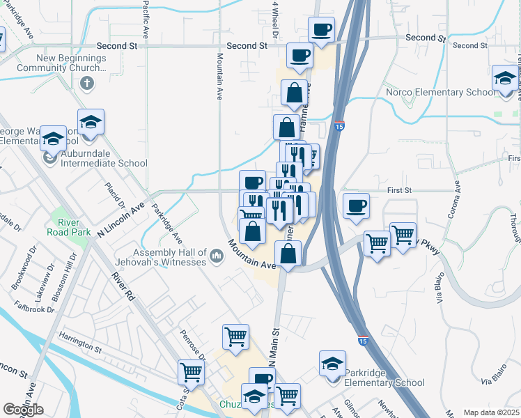 map of restaurants, bars, coffee shops, grocery stores, and more near 1290 Hamner Avenue in Norco