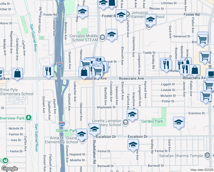 map of restaurants, bars, coffee shops, grocery stores, and more near 11059 Liggett Street in Norwalk