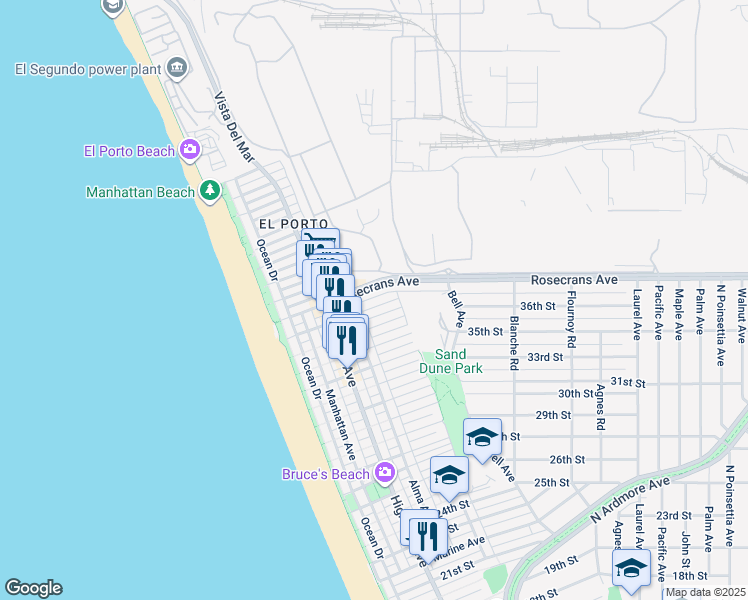map of restaurants, bars, coffee shops, grocery stores, and more near 426 Rosecrans Avenue in Manhattan Beach