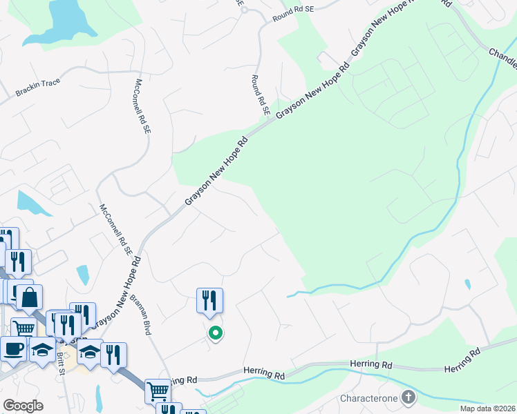 map of restaurants, bars, coffee shops, grocery stores, and more near 2074 Green Gate Place in Grayson