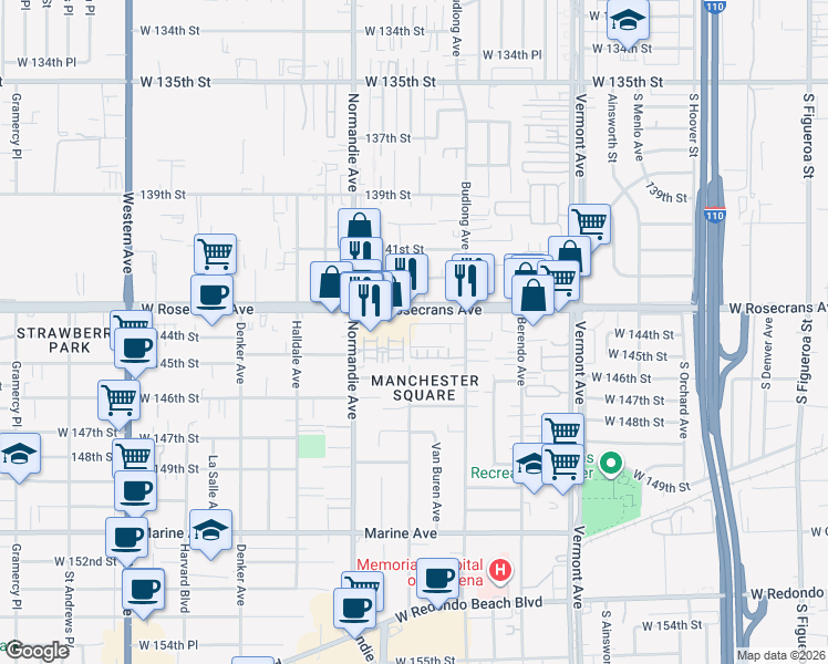 map of restaurants, bars, coffee shops, grocery stores, and more near 1246 West 144th Street in Gardena