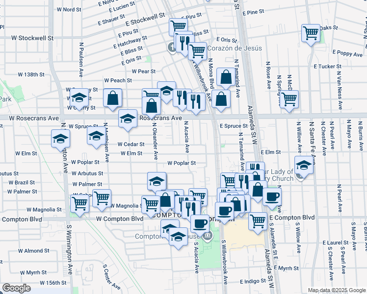 map of restaurants, bars, coffee shops, grocery stores, and more near 306 West Cedar Street in Compton