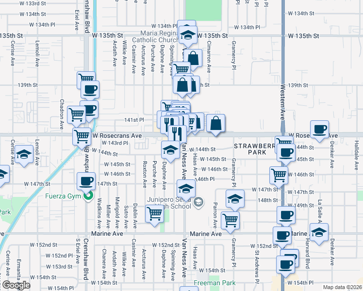 map of restaurants, bars, coffee shops, grocery stores, and more near in Gardena