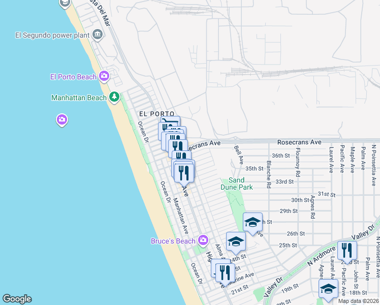 map of restaurants, bars, coffee shops, grocery stores, and more near 3614 Vista Drive in Manhattan Beach