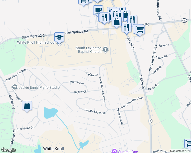 map of restaurants, bars, coffee shops, grocery stores, and more near 528 Riglaw Circle in Lexington