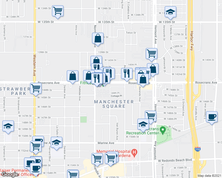 map of restaurants, bars, coffee shops, grocery stores, and more near 1246 West 144th Street in Gardena