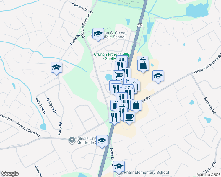 map of restaurants, bars, coffee shops, grocery stores, and more near 1465 Leisure Lake Drive in Lawrenceville