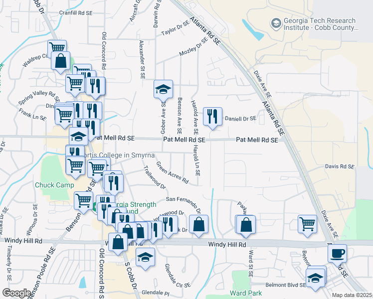 map of restaurants, bars, coffee shops, grocery stores, and more near 702 Pat Mell Road Southeast in Smyrna