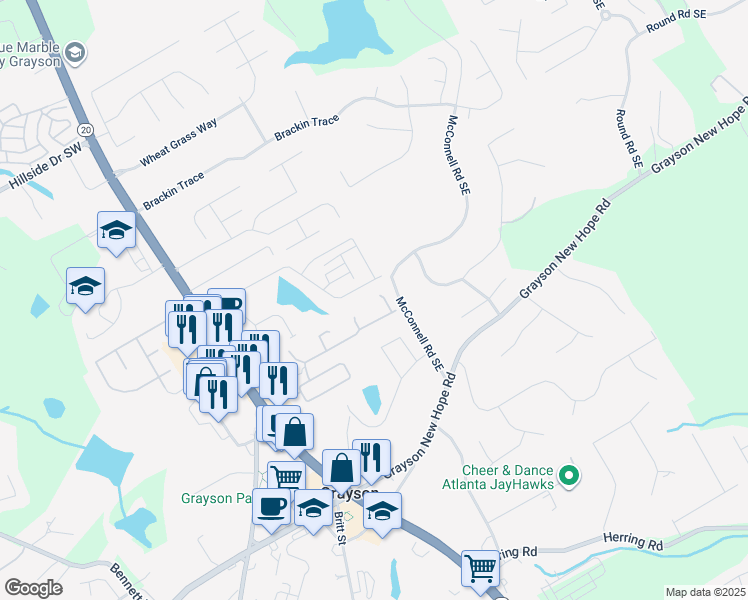 map of restaurants, bars, coffee shops, grocery stores, and more near 1850 Larkton Court in Grayson