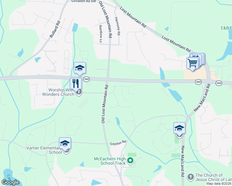 map of restaurants, bars, coffee shops, grocery stores, and more near 2203 Windermere Way in Powder Springs