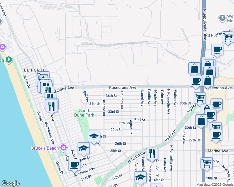 map of restaurants, bars, coffee shops, grocery stores, and more near 653 36th Street in Manhattan Beach