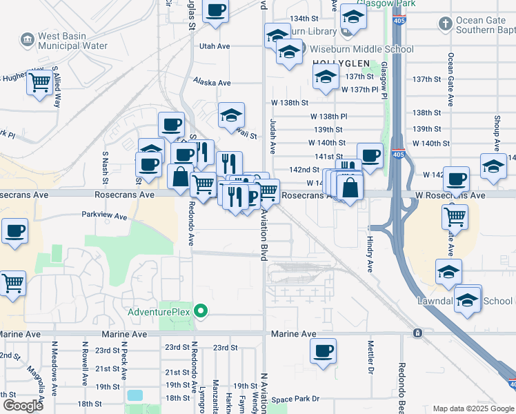 map of restaurants, bars, coffee shops, grocery stores, and more near in Hawthorne