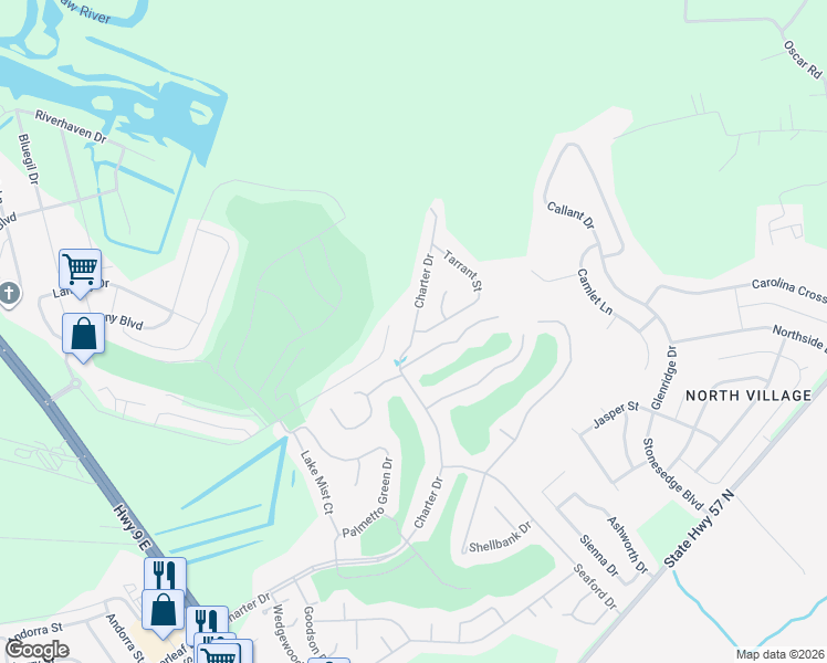 map of restaurants, bars, coffee shops, grocery stores, and more near 611 Charter Drive in Longs