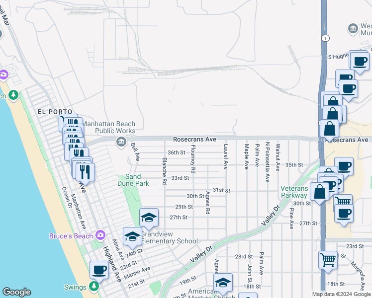 map of restaurants, bars, coffee shops, grocery stores, and more near 653 36th Street in Manhattan Beach