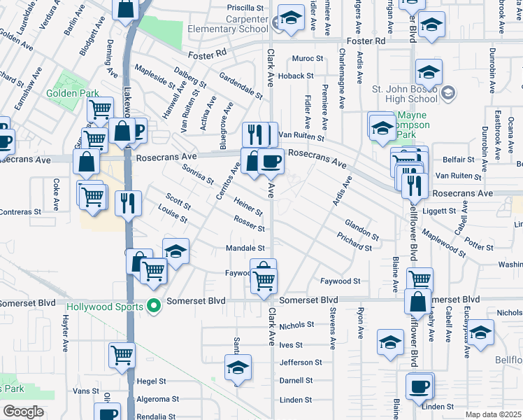 map of restaurants, bars, coffee shops, grocery stores, and more near 9353 Heiner Street in Bellflower