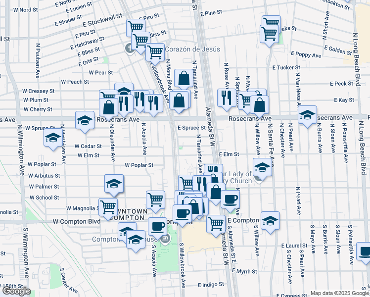 map of restaurants, bars, coffee shops, grocery stores, and more near 107 East Cedar Street in Compton