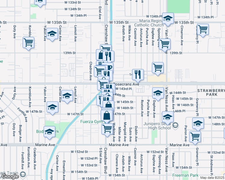 map of restaurants, bars, coffee shops, grocery stores, and more near in Hawthorne