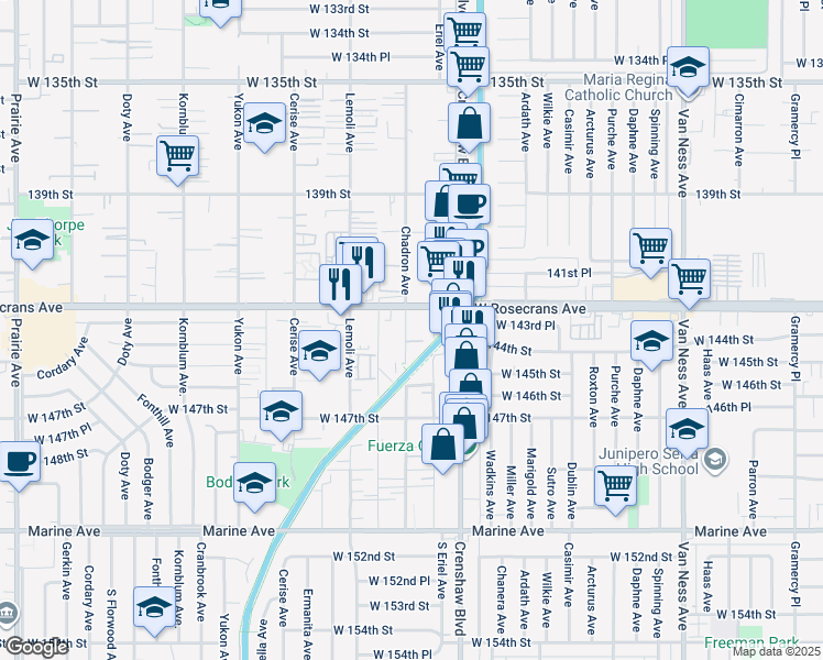 map of restaurants, bars, coffee shops, grocery stores, and more near 14311 Chadron Avenue in Hawthorne