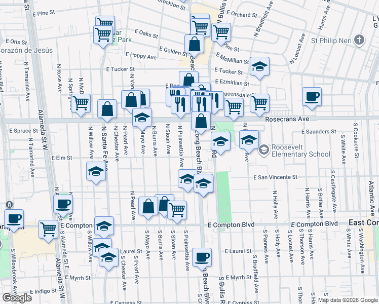 map of restaurants, bars, coffee shops, grocery stores, and more near 711 North Crane Avenue in Compton