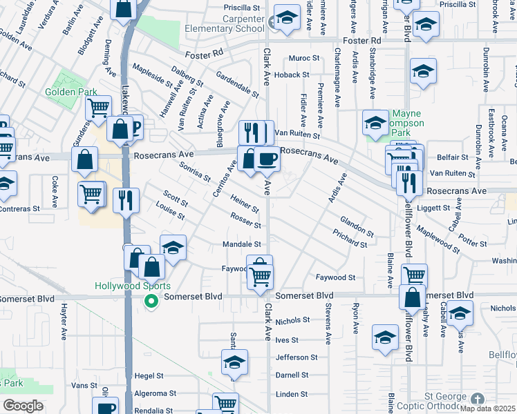 map of restaurants, bars, coffee shops, grocery stores, and more near 9353 Heiner Street in Bellflower