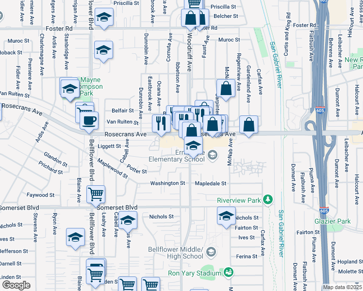map of restaurants, bars, coffee shops, grocery stores, and more near 14329 Woodruff Avenue in Bellflower