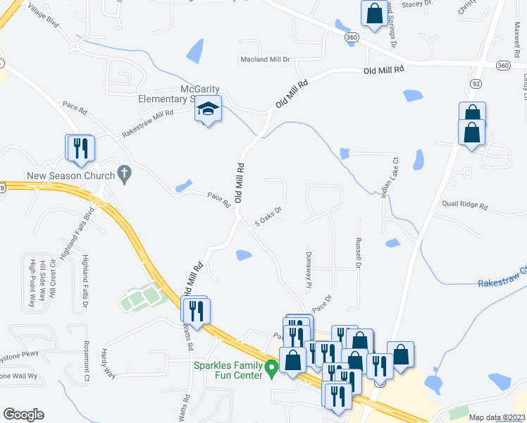 map of restaurants, bars, coffee shops, grocery stores, and more near 75 5 Oaks Drive in Hiram